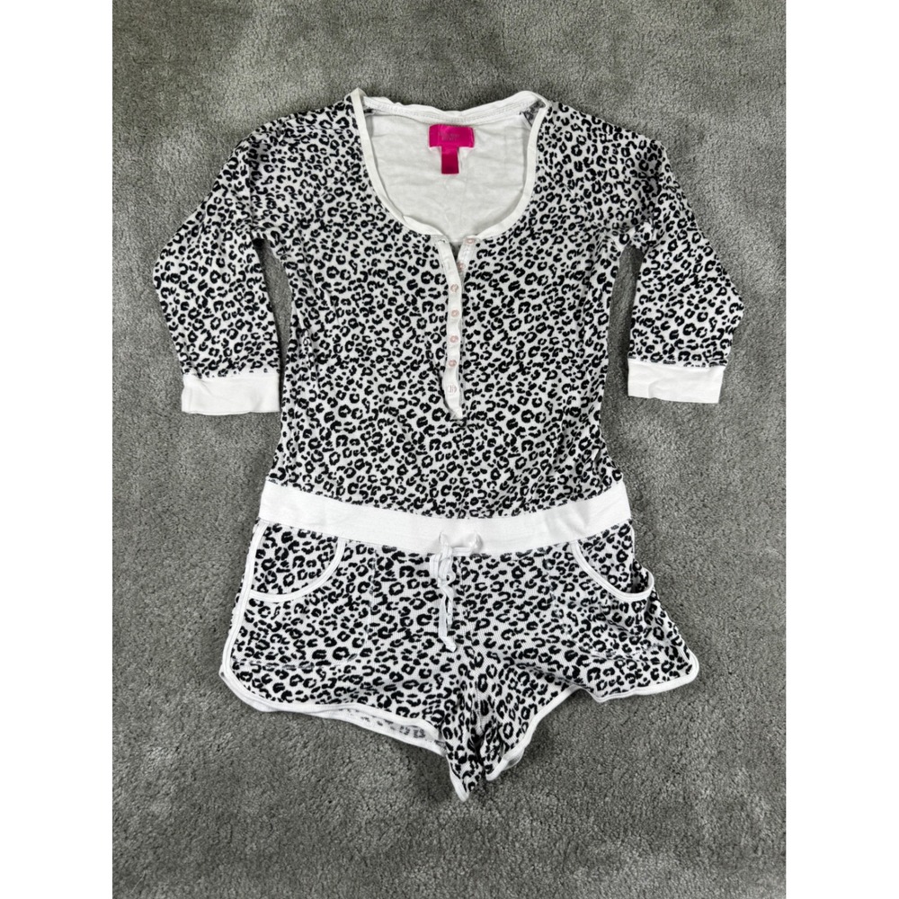 Victorias Secret Leopard Print Henley Romper Loungewear Black White Medium